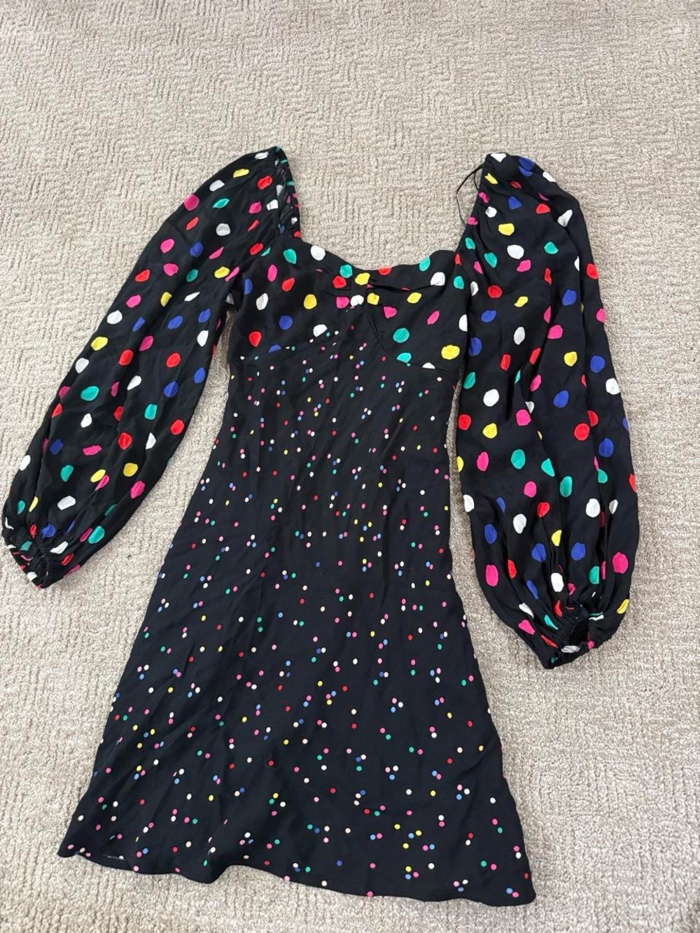 RIXO Black Dress with Multicolor Polka Dots and Balloon Sleeves